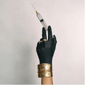 Black gloved hand holding syringe with gold metallic cuff bracelet against white background - instagram in Montreal, QC