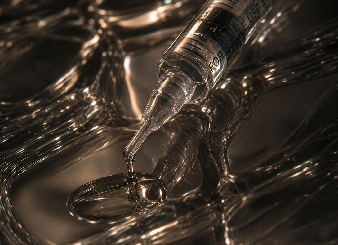 Hyaluronic acid filler being dissolved with hyaluronidase injection in syringe with clear liquid. - Filler dissolving in Montreal, QC