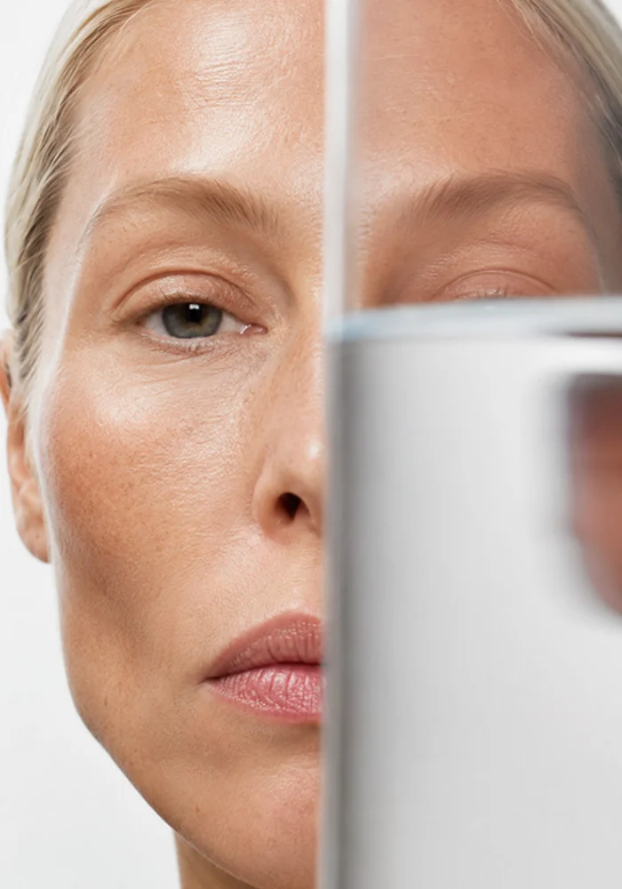 Woman's face showing before and after skin aging comparison through mirror reflection - skin in Montreal, QC