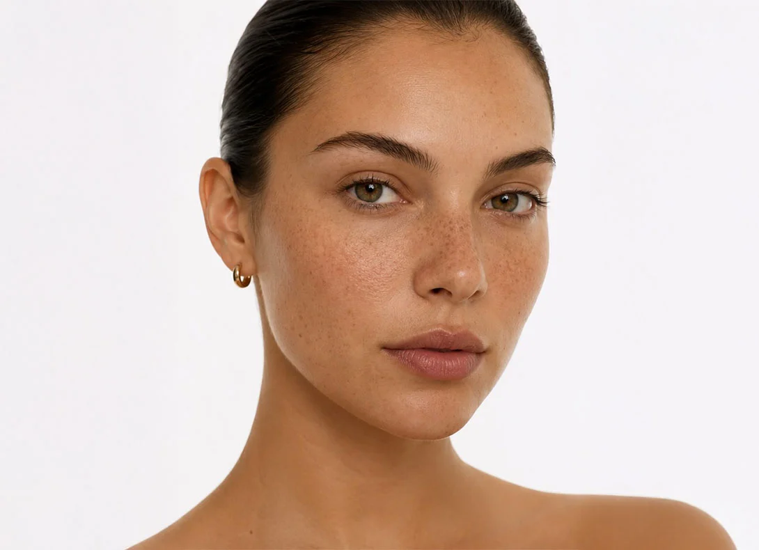 Woman with smooth skin and natural makeup showing lifted eyebrows and youthful facial features - Brow lift in Montreal, QC