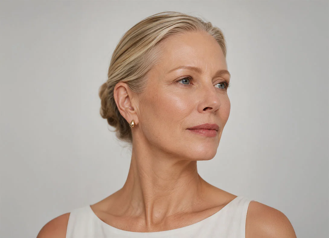 Mature woman with smooth skin and elegant updo showcasing natural-looking facelift results - Deep plane facelift in Montreal, QC