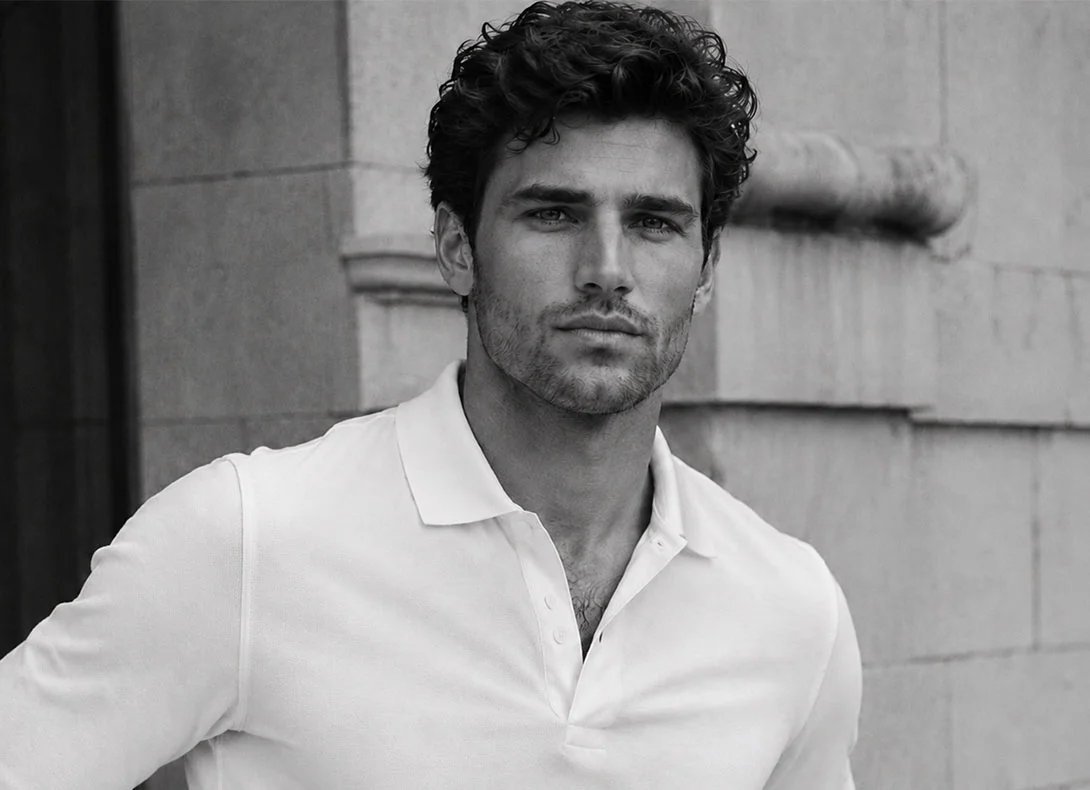 Man with thick dark hair wearing white shirt in black and white portrait - Hair loss in Montreal, QC