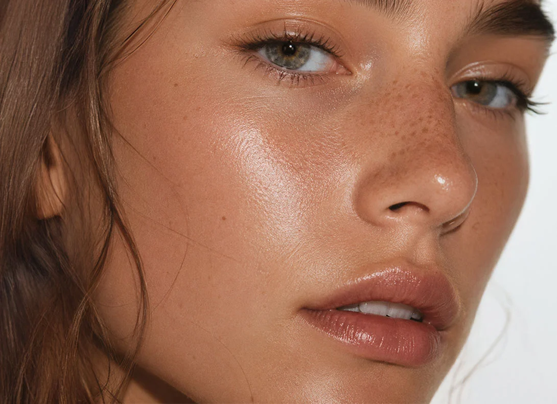 Natural makeup look featuring glossy lips and glowing skin on woman with freckles showcasing lip enhancement results - Lip lift in Montreal, QC