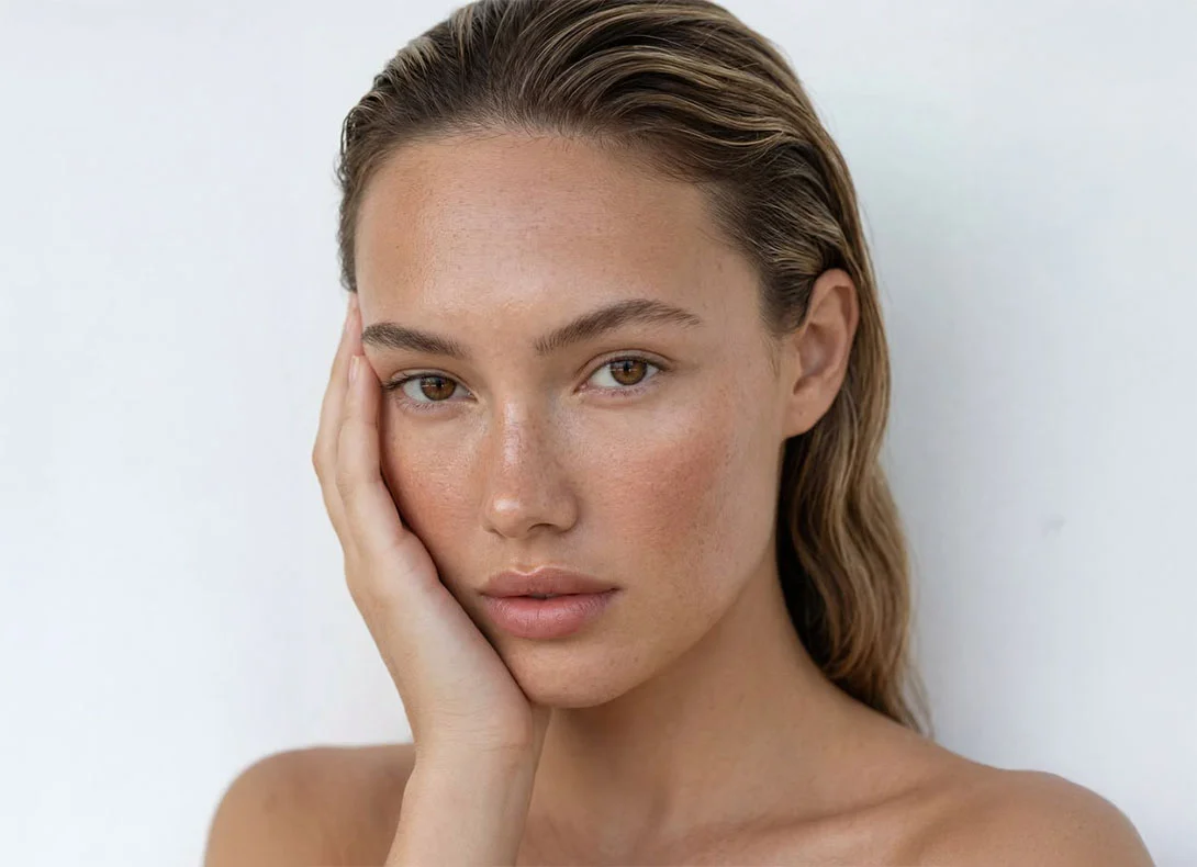 Woman with natural makeup touching face showing facial features before rhinoplasty revision surgery - Revision rhinoplasty in Montreal, QC