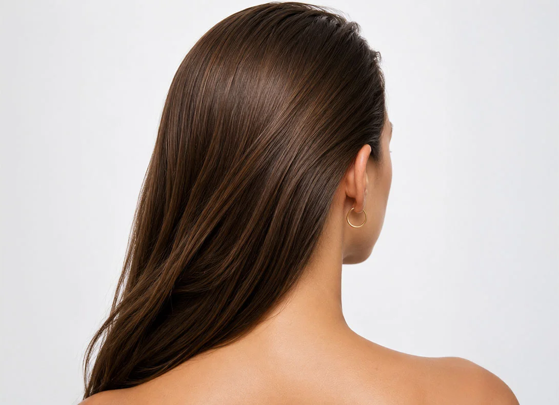Woman with long, healthy brown hair viewed from behind showing smooth texture and natural shine - PRP in Montreal, QC
