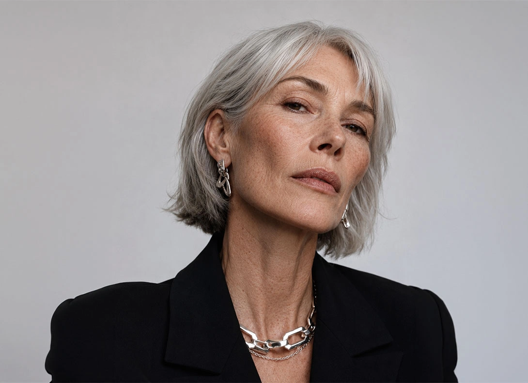 Elegant mature woman with silver bob haircut wearing black blazer and statement necklace showcasing natural beauty - Ultrasound guided in Montreal, QC